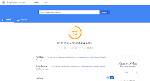 site speed insights results