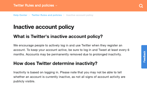 Screenshot of Twitter inactive account policy to secure Lauren Mae, @laurenmae handle.